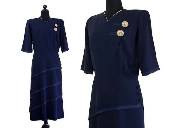 1940s blue rayon dress // Twin Moons vintage 1940… - image 1
