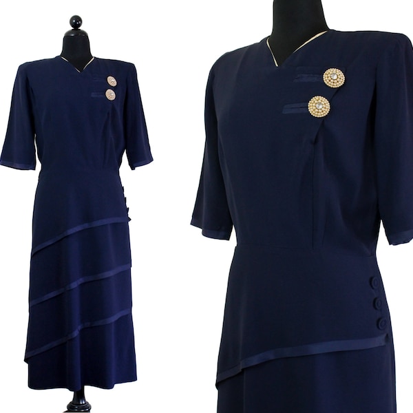 1940s blue rayon dress // Twin Moons vintage 1940s navy blue rayon dress // LG XL