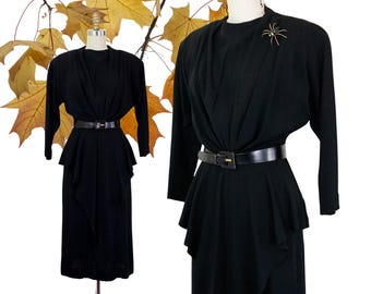 Something Wicked // 1940s black rayon dress with draped skirt // Sm