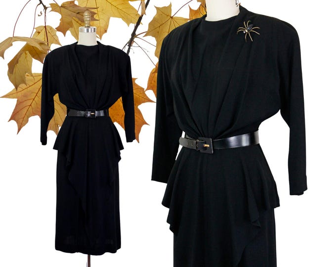 Featured listing image: Something Wicked // 1940s black rayon dress with draped skirt // Sm