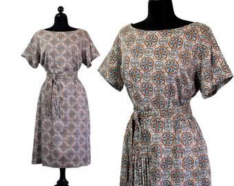Western Skies // 1960s blue and orange medallion print cotton dress // Lg Xl