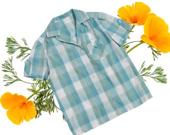 Sea Worthy // 1960s blue plaid button front camp shirt // Sm