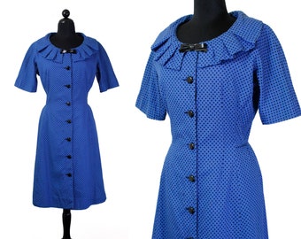 1960s blue dress // Mrs. Flax vintage 1960s royal blue polka dot cocktail dress // Md Lg 30" waist