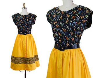 Wildflower // 1960s yellow and black floral zip front dress by Swirl // MD