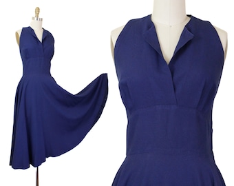 Nightfall // 1950s dark navy blue rayon halter dress with circle skirt // Sm