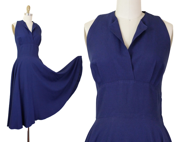 Featured listing image: Nightfall // 1950s dark navy blue rayon halter dress with circle skirt // Sm