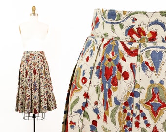 Folk Tales // 1960s cotton tapestry print pleated skirt Md