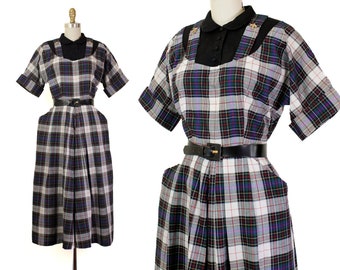 1950s plaid dress // Boarding School vintage 1950s plaid fit and flare day dress // Md 28" waist