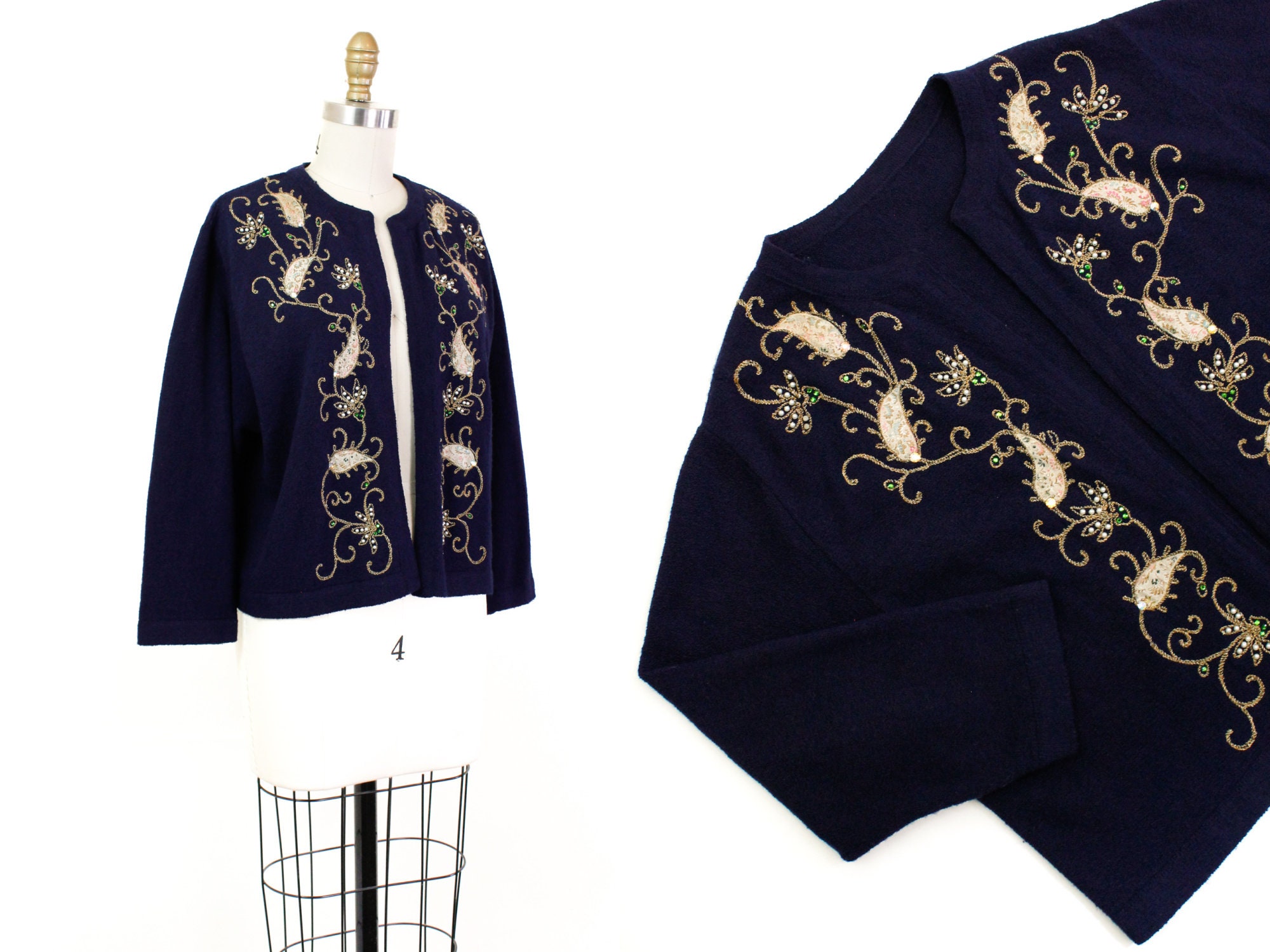 SALE Her Royal Highness // 1960s navy blue rhinestone paisley appliqué  sweater lg / xl