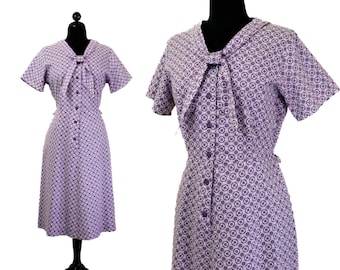 Lilac Wine // 1940 purple cotton print day dress Lg / xl