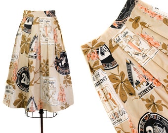 Bon Voyage // 1950s hotel and chestnut tree novelty print cotton skirt sm / md