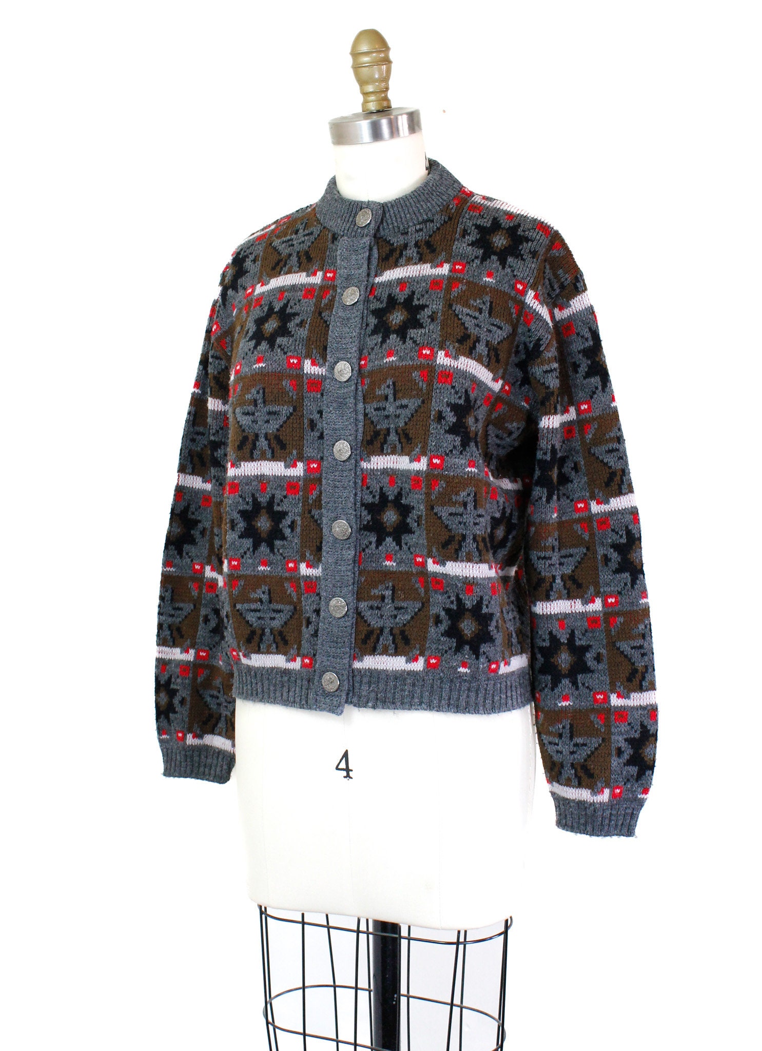 Thunderbird Compass // 1960s star and bird intarsia knit cardigan ...