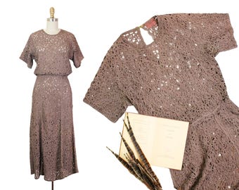 Tabac Rose // late 1930s 1940s ribbon work knit sheath dress by Glengyle // sm