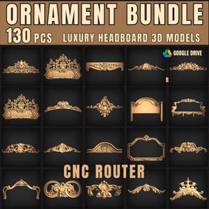 May include: A collection of 130 luxury headboard 3D models, displayed in a grid. The models are gold-colored and feature ornate, detailed designs. The text "ORNAMENT BUNDLE" and "CNC ROUTER" are visible.