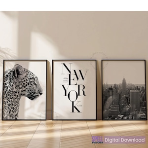 New York City Print Set, Leopard Wall Art, Downtown Girl Aesthetic, NYC Typography Poster, Black and White Gallery Wall Set, Digital A1