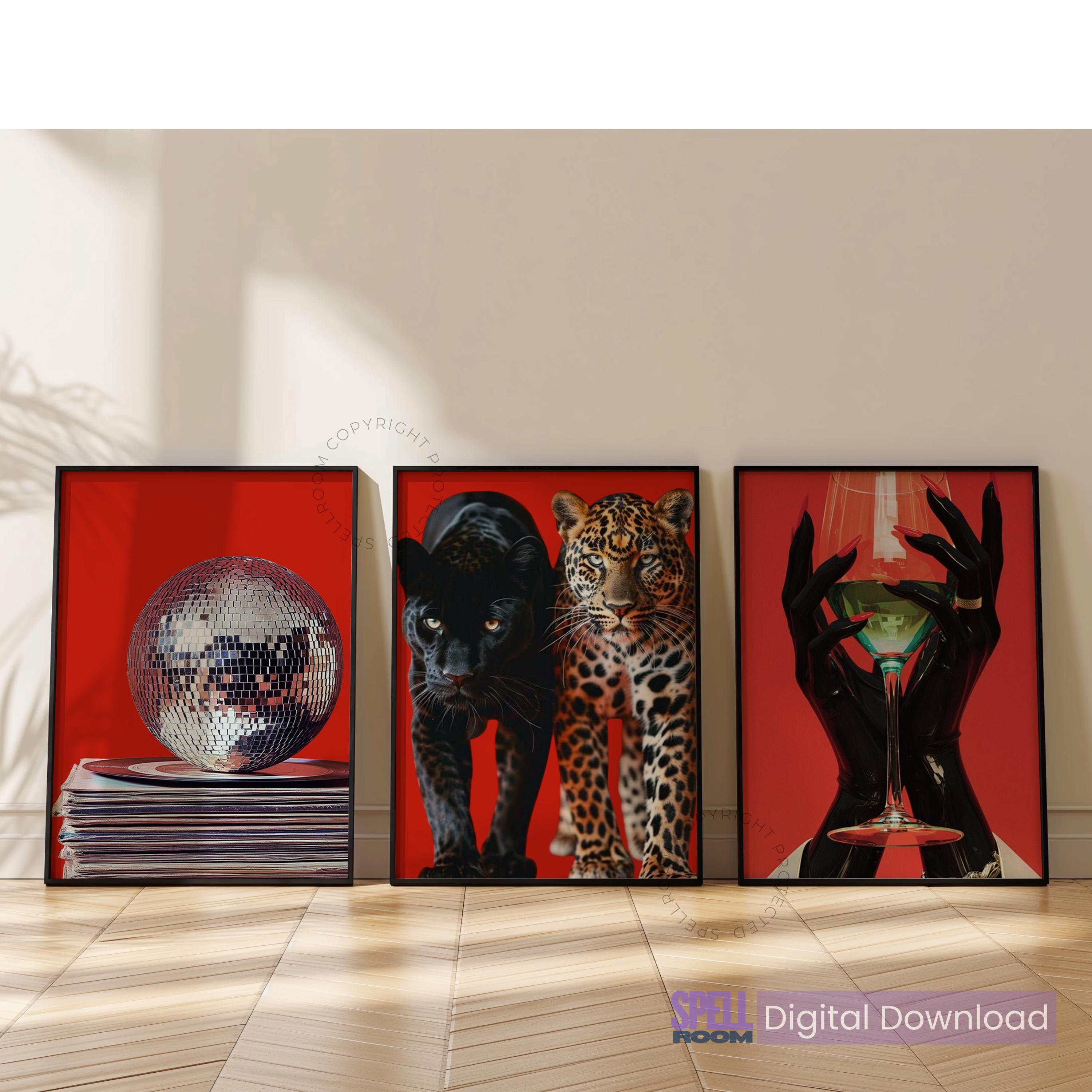 Set of 3 Red Prints, Mob Wife Wall Art, Glam Disco Poster Set, Red ...