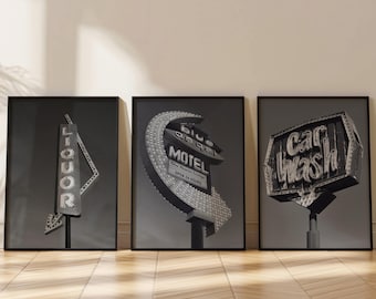 Retro-Schildfotografie, Typografie-Druckset mit 3 Stück, Schwarz-Weiß, Wandkunst aus der Mitte des 20. Jahrhunderts