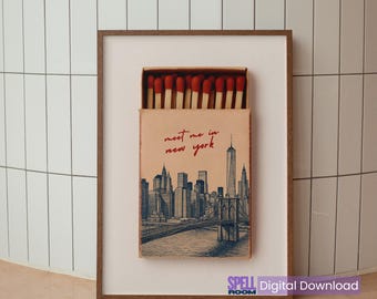 Impresión "Encuéntrame en Nueva York", póster, arte vintage de caja de cerillas, decoración de habitación preppy, arte mural coqueto, impresión de viajes de moda, decoración ecléctica