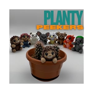 May include: A collection of colorful, small figurines, each with unique animal-like features, arranged around a potted cactus. The text "PLANTY PEEKERS" is displayed in teal and orange. The figurines are in various colors.