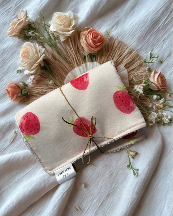 Handmade Strawberry Print Muslin and Terry Towel Burp Cloth Set of 2