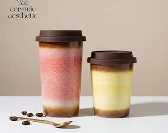 Handmade Ceramic Travel Mug with Silicone Lid, Rustic Latte Cup