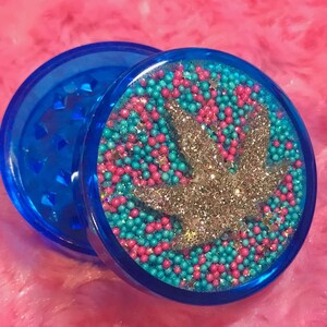Pink and Blue pastel Candy Sprinkle with Silver Leaf Herb Grinder