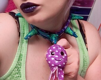 Toycore Mermaid Collar with Hand Cast Resin Spikes and Plush Squid Charm