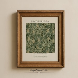 Ordspråksboken 3:5-6 Väggkonsttryck | Förtrösta på Herren Skriftkonst | Vintage botanisk kristen dekor | Grön bibelvers i William Morris-stil