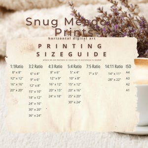 Pode incluir: Um guia de tamanhos de impress&atilde;o bege para arte digital horizontal, intitulado "Snug Meadow Prints". O guia lista v&aacute;rias propor&ccedil;&otilde;es e tamanhos de impress&atilde;o correspondentes em cm, incluindo 20x20, 30x30, 40x40 e 50x50. O guia tamb&eacute;m inclui tamanhos ISO.