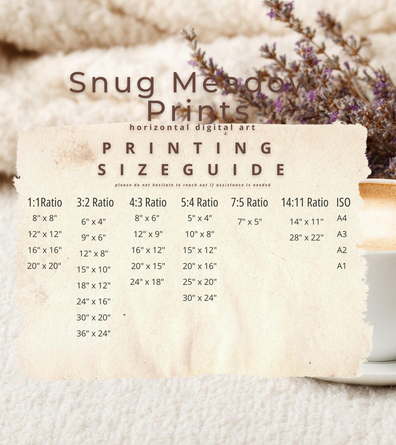 Pode incluir: Um guia de tamanhos de impress&atilde;o bege para arte digital horizontal, intitulado "Snug Meadow Prints". O guia lista v&aacute;rias propor&ccedil;&otilde;es e tamanhos de impress&atilde;o correspondentes em cm, incluindo 20x20, 30x30, 40x40 e 50x50. O guia tamb&eacute;m inclui tamanhos ISO.