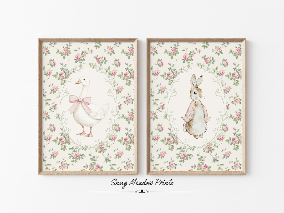 Vintage Goose & Bunny Nursery Wall Art Set, Cottagecore Baby Room Decor ...