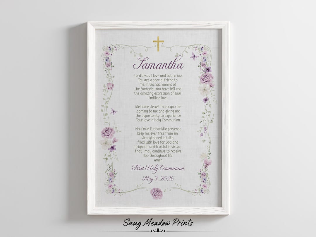 Personalized First Holy Communion Prayer Print, Floral Catholic ...