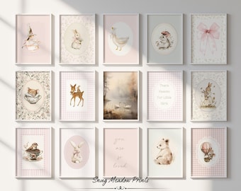 Conjunto de Arte de Parede Vintage Rosa para Quarto de Bebê, Decoração Cottagecore para Quarto de Menina, Animais da Floresta em Estilo Shabby Chic, Estampas Florais em Xadrez Vichy