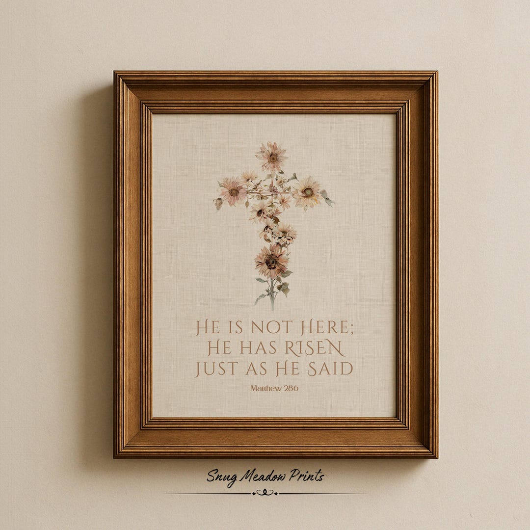 Floral Cross Christian Wall Art | He is Risen Bible Verse Print ...