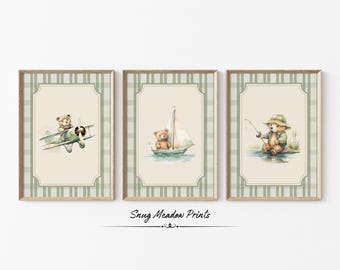 Conjunto de 3 pôsteres para quarto de bebê com tema de ursinho de pelúcia, estampa xadrez verde (download digital)