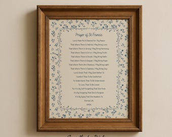 Quadro de parede com a Oração de São Francisco | Impressão floral azul em estilo cottagecore | Decoração cristã para casa