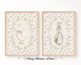 Set de láminas para habitación infantil con diseño de ganso y conejo, decoración estilo cottagecore (descarga digital)