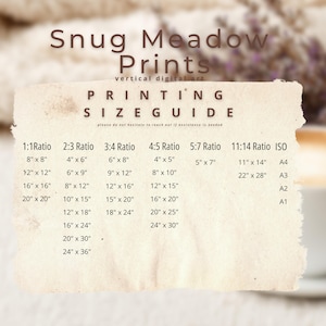 Może przedstawiać: Beżowy przewodnik po rozmiarach wydruku dla "Snug Meadow Prints" z r&oacute;żnymi proporcjami i wymiarami w centymetrach. Przewodnik zawiera rozmiary takie jak 20,3 cm x 20,3 cm, 30,5 cm x 30,5 cm i 40,6 cm x 40,6 cm, wraz z formatami papieru ISO.