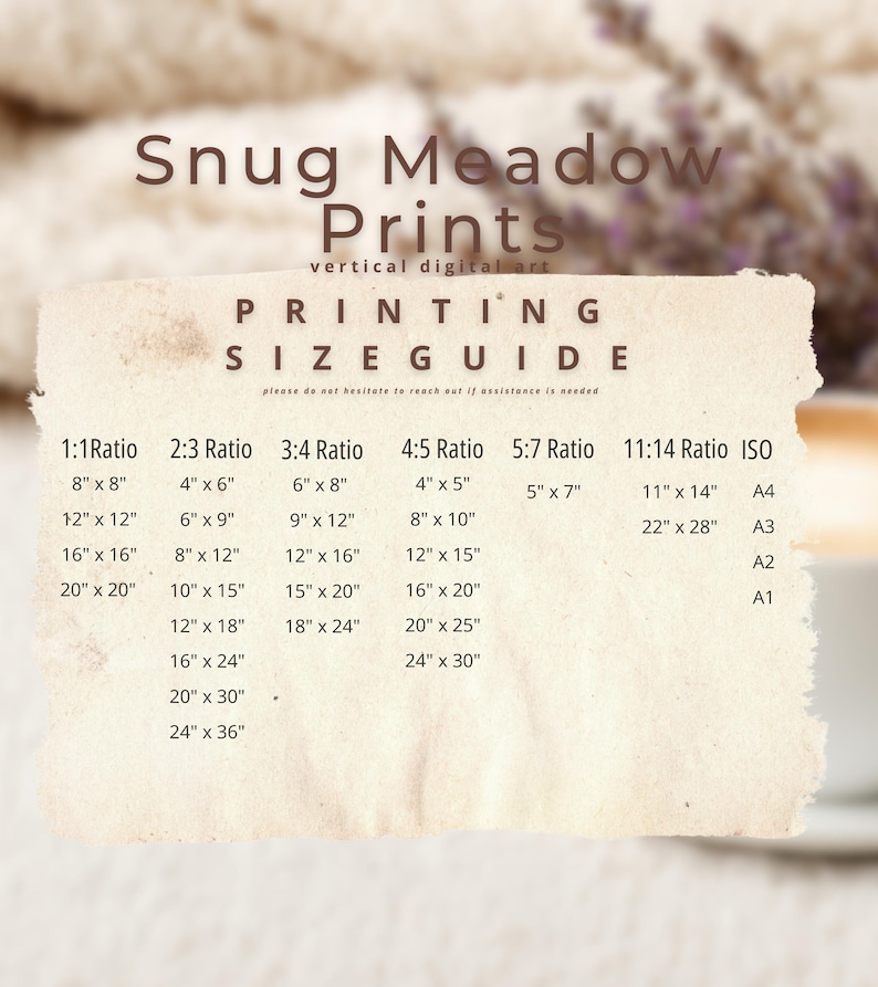 Może przedstawiać: Beżowy przewodnik po rozmiarach wydruku dla "Snug Meadow Prints" z r&oacute;żnymi proporcjami i wymiarami w centymetrach. Przewodnik zawiera rozmiary takie jak 20,3 cm x 20,3 cm, 30,5 cm x 30,5 cm i 40,6 cm x 40,6 cm, wraz z formatami papieru ISO.