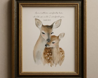 Impressão com versículo bíblico reconfortante sobre mãe e filho, tema floresta, para decoração de quarto de bebê (Download Digital)