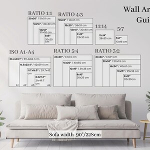 Pode incluir: Guia de tamanhos de arte de parede com v&aacute;rias propor&ccedil;&otilde;es e dimens&otilde;es em cm e polegadas. Inclui tamanhos ISO A1-A4. Uma sof&aacute; com 228 cm de largura &eacute; mostrada abaixo do guia.