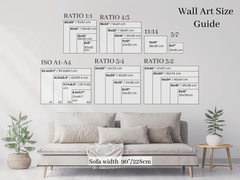 Pode incluir: Guia de tamanhos de arte de parede com v&aacute;rias propor&ccedil;&otilde;es e dimens&otilde;es em cm e polegadas. Inclui tamanhos ISO A1-A4. Uma sof&aacute; com 228 cm de largura &eacute; mostrada abaixo do guia.