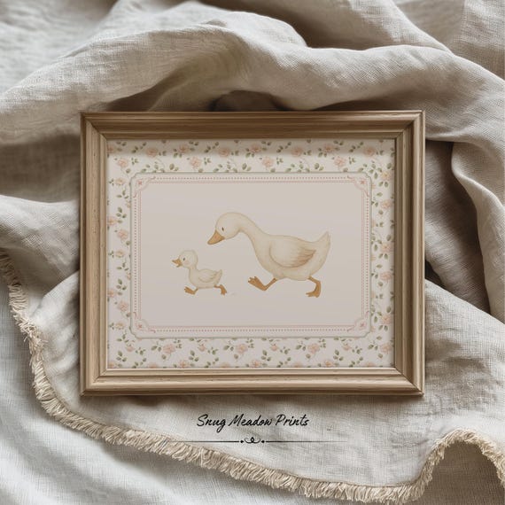 Mother Goose Nursery Wall Art, Duck and Duckling Print, Vintage Storybook Nursery Decor, Cottagecore Baby Room Art, Farmhouse Nursery