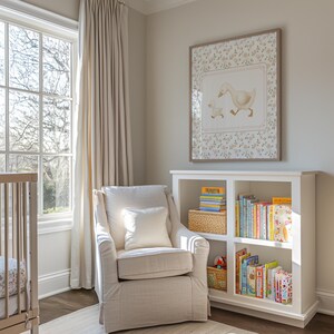 Pode incluir: Um quarto de crian&ccedil;a com um ber&ccedil;o de cor clara, uma poltrona branca e uma estante branca cheia de livros. Uma imagem emoldurada de patos est&aacute; pendurada acima da estante. O quarto tem uma grande janela com cortinas bege.