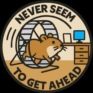 May include: A round sticker with a cartoon hamster running in a wheel. The text "NEVER SEEM TO GET AHEAD" is in a circular pattern around the image. The hamster is brown, the wheel is gray, and the background is tan.