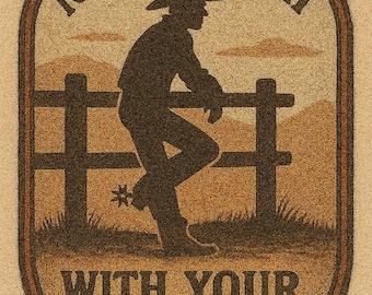 Patch rústico de cowboy – Nunca se agache com as esporas calçadas – Emblema termocolante estilo faroeste