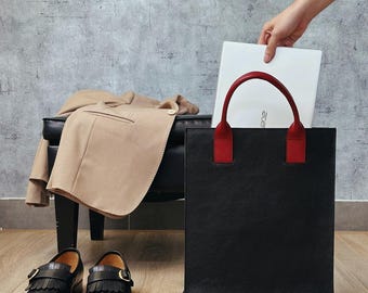 Minimalist Leather Laptop Tote, Structured Work Bag with Detachable Pouch