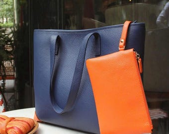 Minimalist Leather Shopper Tote | Large Work Tote with Zip Pouch | Elegant Travel Bag