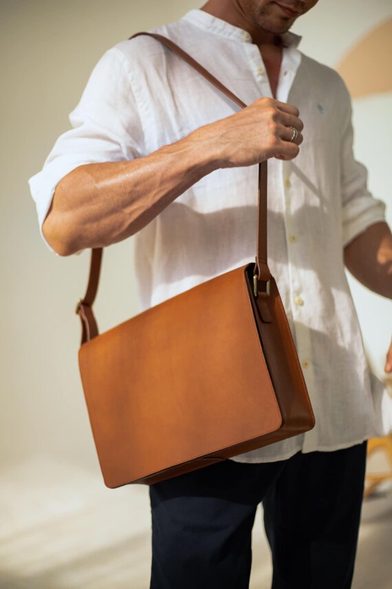 Leather Laptop Messenger Bag | 13 Inch Work Crossbody Bag for Men Women | Minimalist Shoulder Bag | Professional Business Bag