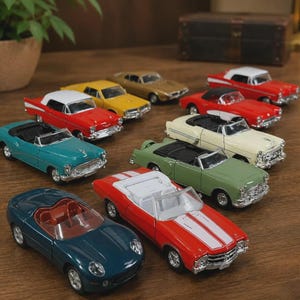 May include: A collection of ten die-cast model cars in various colors including red, teal, yellow, gold, cream, green, and dark blue. The assortment features diverse vintage and modern convertible styles with detailed silver trim, wheels, and interiors.